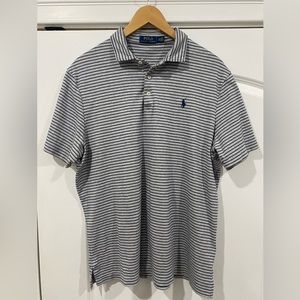 Polo Men’s XL Grey and Navy blue striped 3-button pullover shirt.